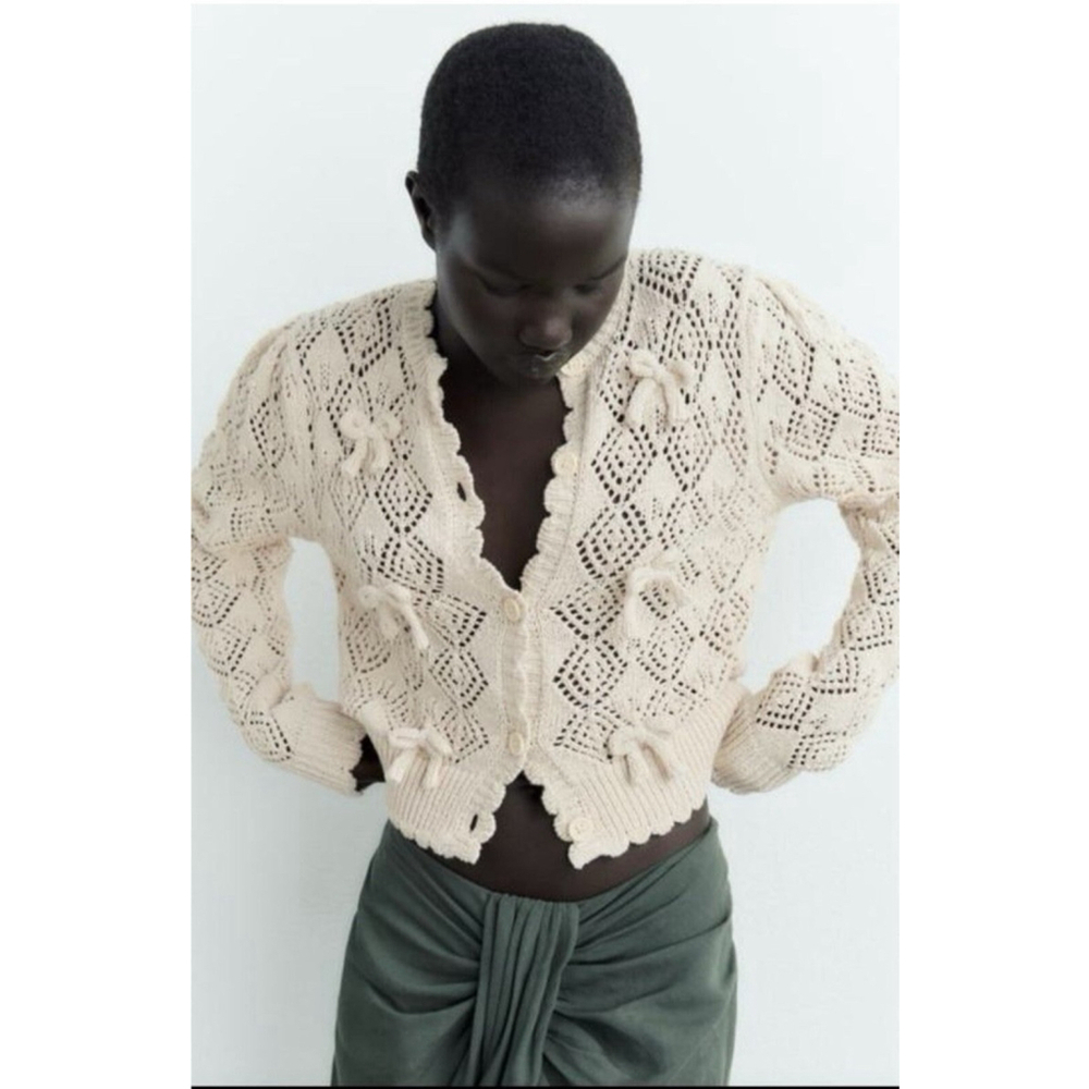 ZARA Crochet Ivory Cardigan Bow Cropped Size Small Long Balloon Sleeve Knit